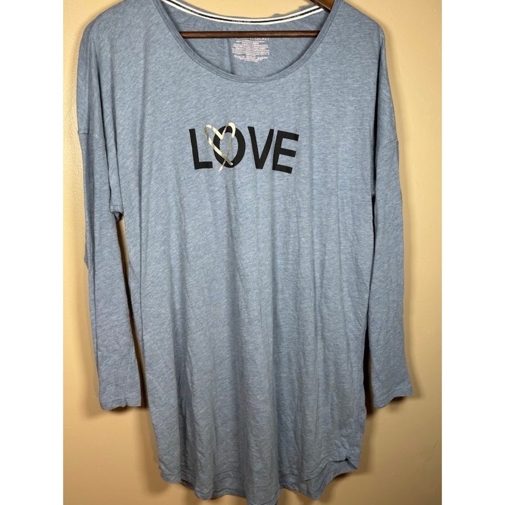 Victorias Secret Love Graphic Long Sleeve Sleep Shirt Blue Heathered XL